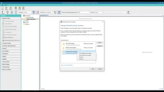 A right-click context menu in Wilcom Hatch shows the option to set a newly added folder as the default save location.