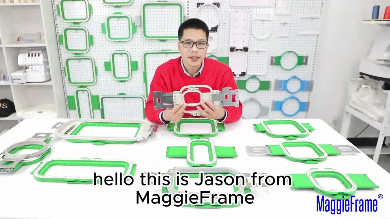 A tabletop comparison scene showing multiple green MaggieFrame magnetic hoops alongside grey Brother tubular hoops, ready for a size and workflow match-up.