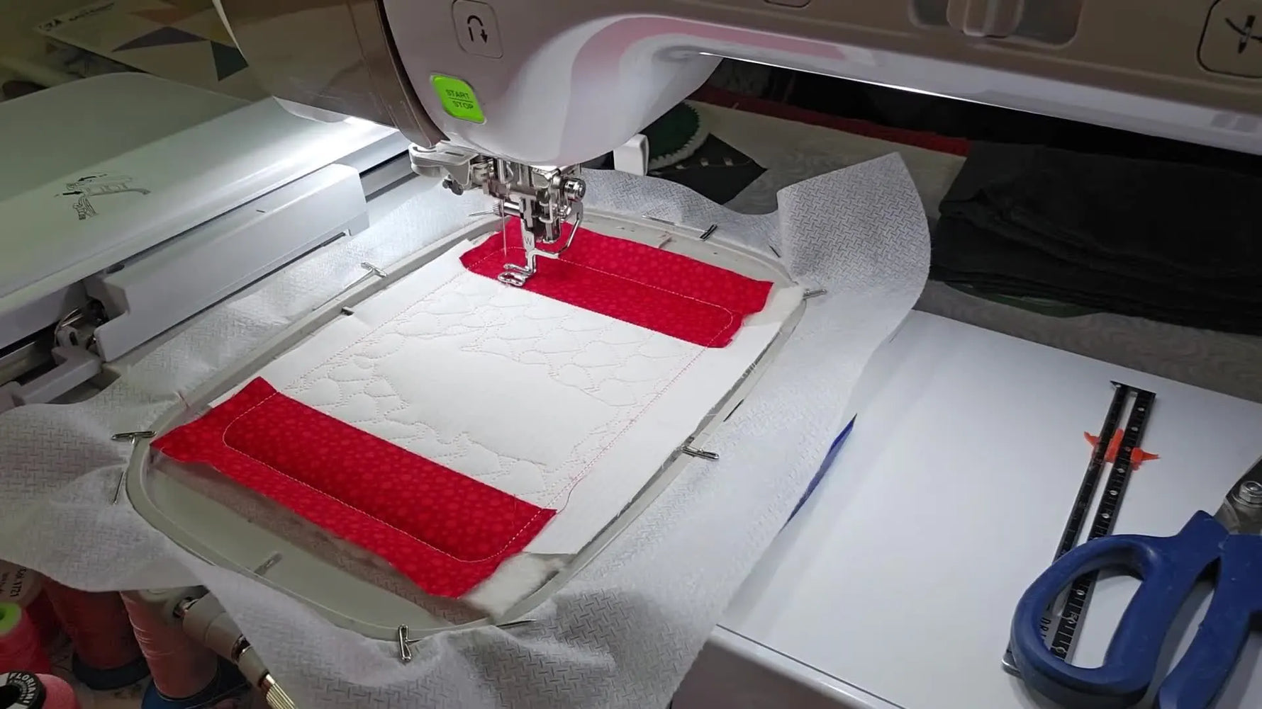 A ruler measures a clean 1/4-inch trim allowance along the final stitch line before turning the mug rug right-side out.
