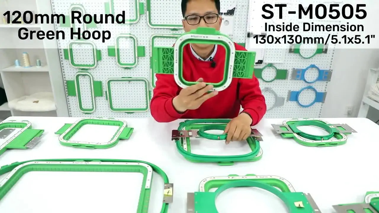 Jason holds the ST-M0505 magnetic frame while explaining why it’s a go-to size for left and right chest logos.