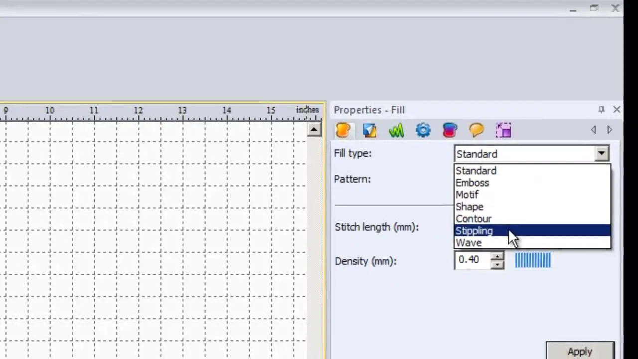 The Floriani Total Control Properties panel shows Fill Type being changed from Standard to Stippling before applying the effect.