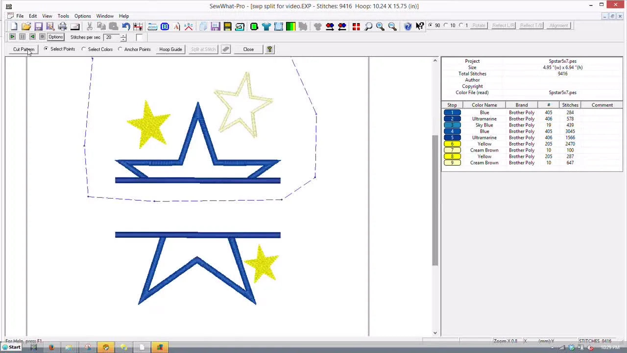 A SewWhat‑Pro screen capture showing the Cut Pattern menu with “Cut and Save All” selected—the key moment that preserves both halves of the design.