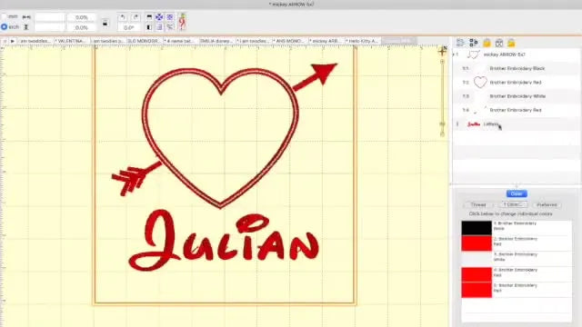 A clean heart-and-arrow embroidery layout in Embrilliance with the unwanted character element removed and the name placed neatly below.