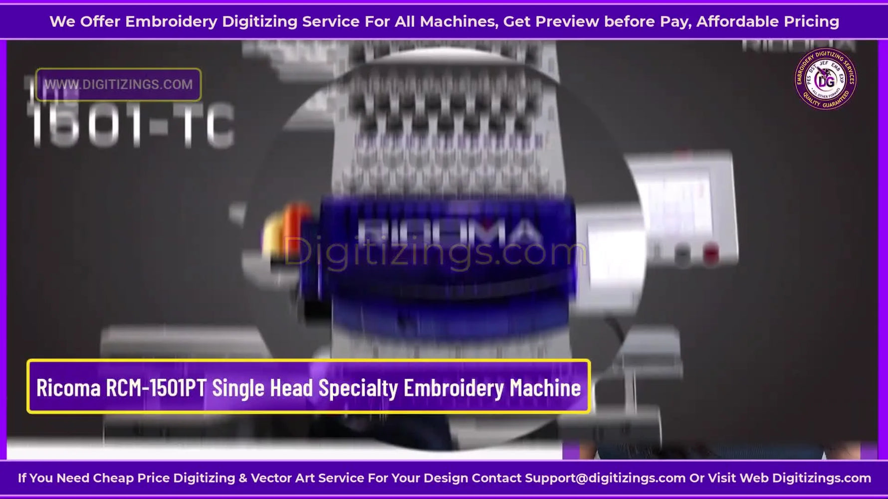 A full view of the Ricoma RCM-1501PT single-head embroidery machine with its touchscreen and thread stand visible.