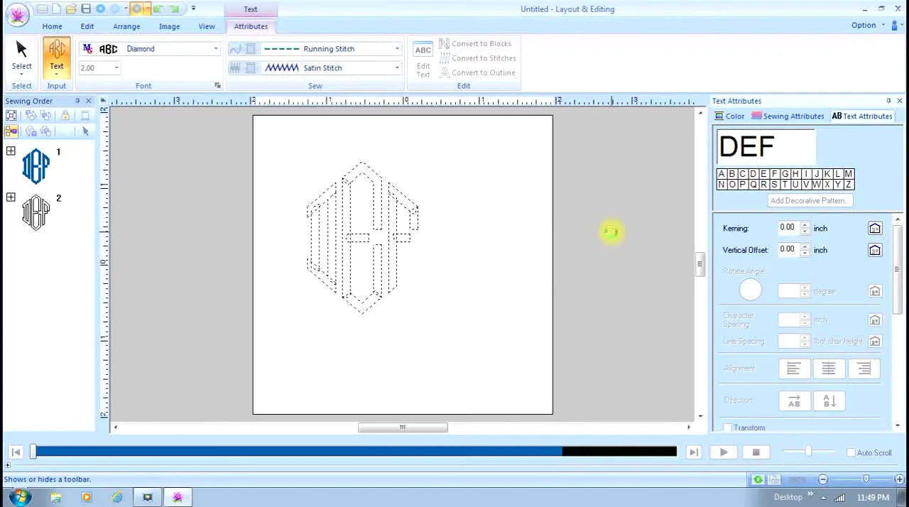 A finished Diamond-style 3-letter monogram appears on the software workspace grid, ready to save and stitch.