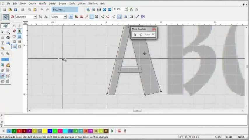 A stitched preview of the digitized letter “A” in Compucon after running Stitch It, showing clean columns and controlled stitch flow.