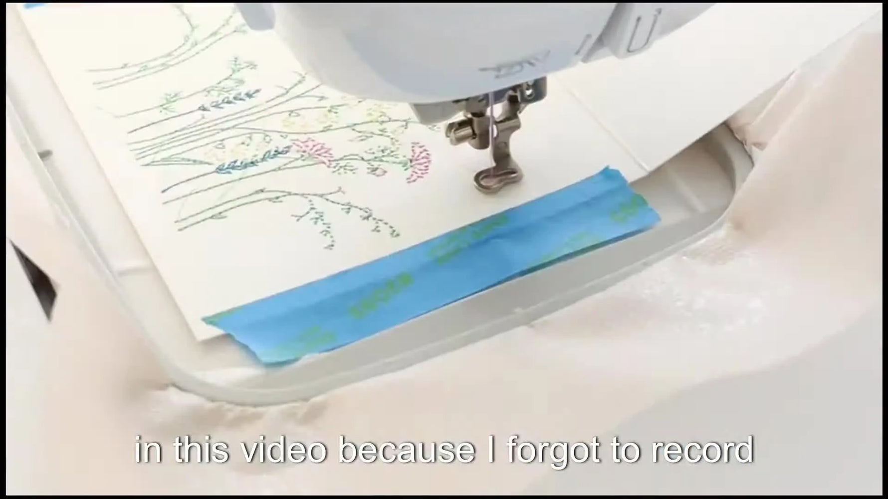 An extreme close-up shows pink flowers being stitched onto textured watercolor paper, highlighting clean perforations and stable stitching.