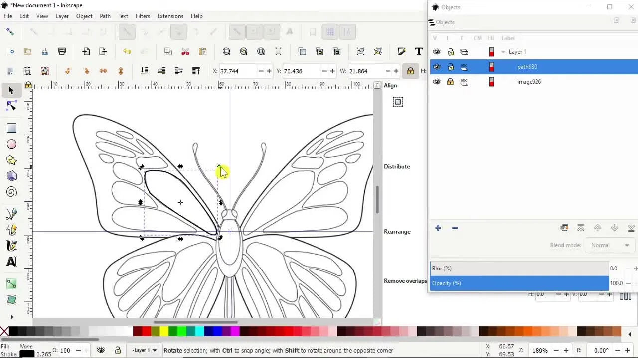 A close-up screen capture shows the rotation center crosshair snapping onto the exact center guideline to create true mirrored symmetry.
