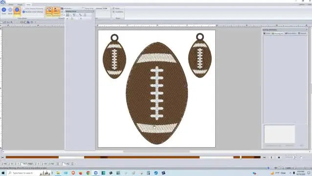 A stitch simulation screen shows the football design finishing with a clean satin border that locks the Free Standing Lace edges in place.