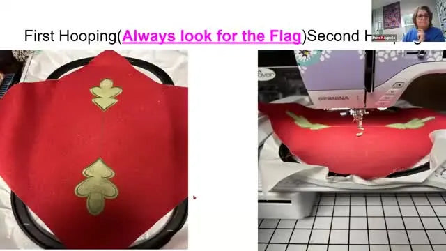 A close-up slide comparing the on-screen registration “flag” mark to the stitched result, showing the key to accurate re-hooping.