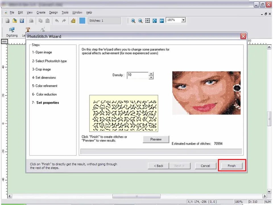 The finished PhotoStitch-generated portrait design is shown centered on the software workspace grid, ready for final color and stitch checks.