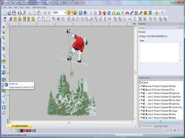 A Floriani Total Control U screen capture showing the design rendered in 3D True View with realistic thread texture.