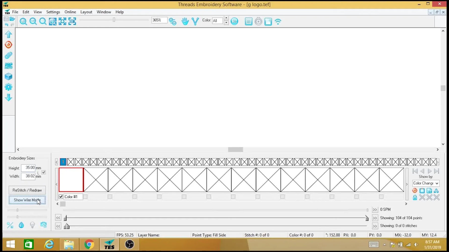 A final rendered preview of the blue fill stitch inside Threads Embroidery Software, showing the design in stitch simulation mode.
