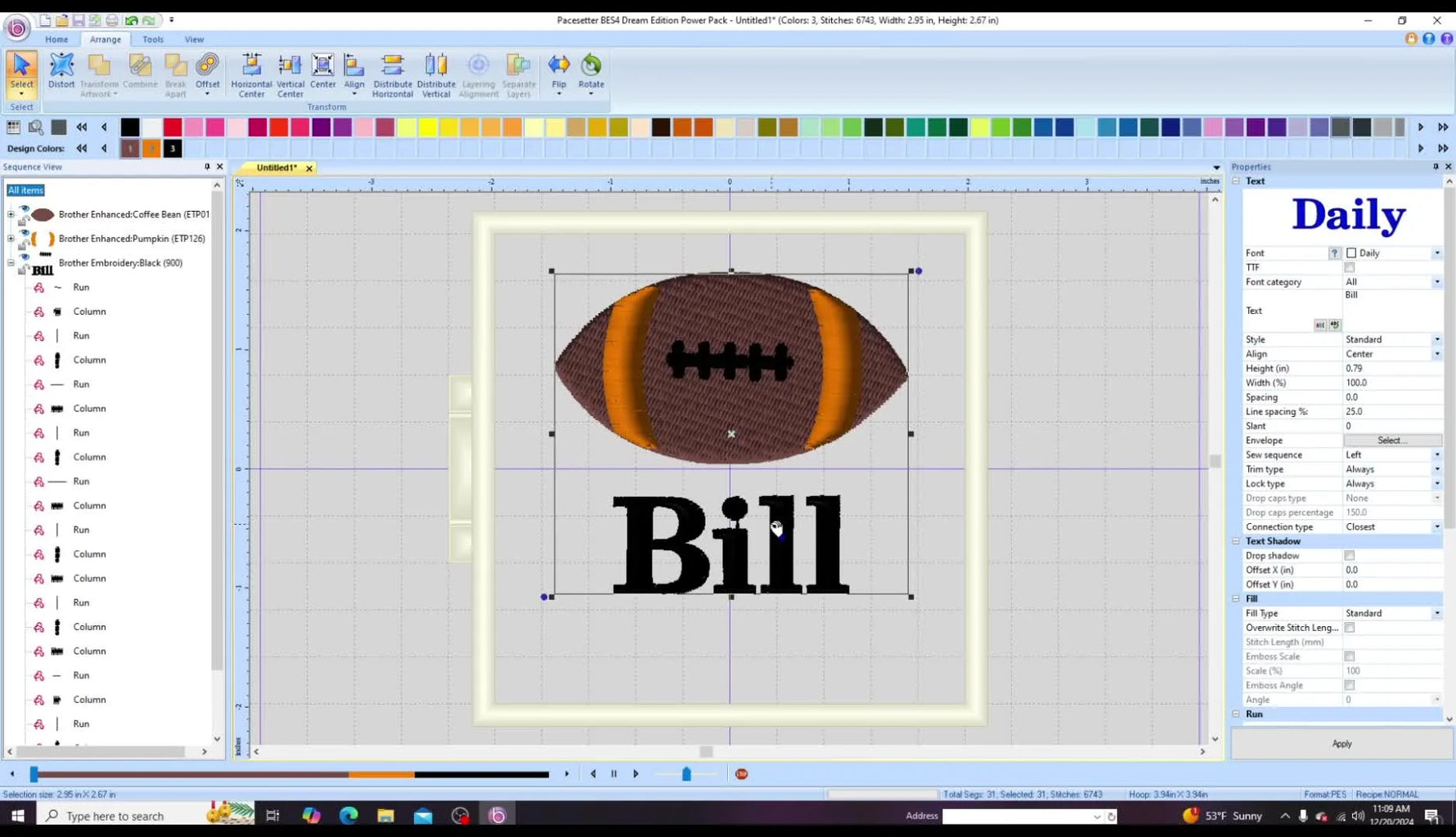 A finished master football design with the name centered inside a 130x180 (5x7) hoop boundary, ready for Name Drop batch output.