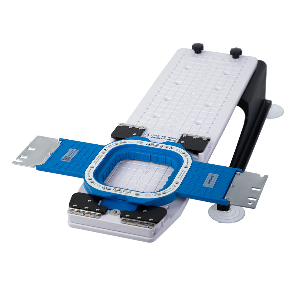 Front view of the main station holding a blue 3.9-inch magnetic hoop