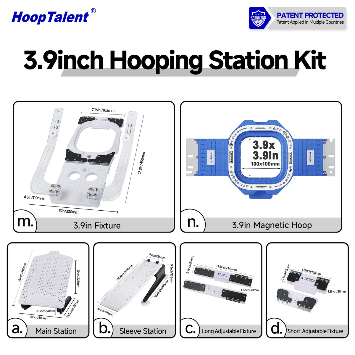 Contents of the 3.9-inch magnetic hooping station kit, including the magnetic hoop and matching fixture