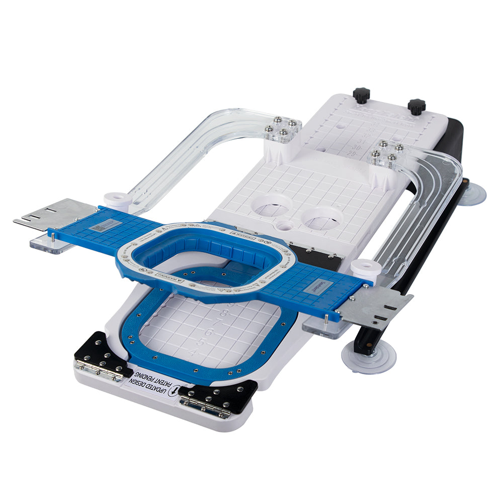 Blue 3.9-inch magnetic hoop and positioning fixture on the sleeve station