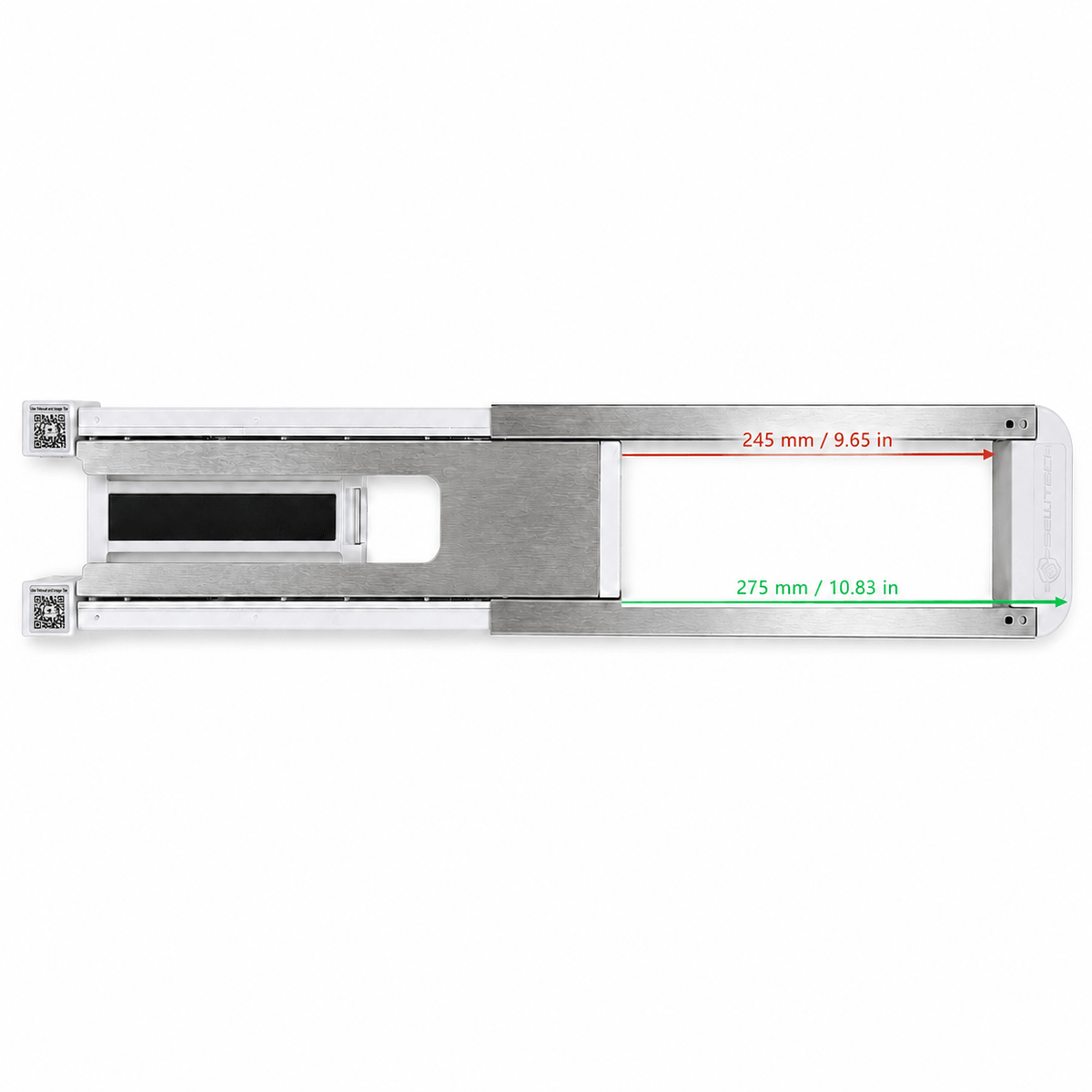 Hoopsteady support platform with measurements showing its adjustable opening.