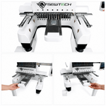 Front view and installation steps for a Hoopsteady support platform on a Sew Tech embroidery machine.