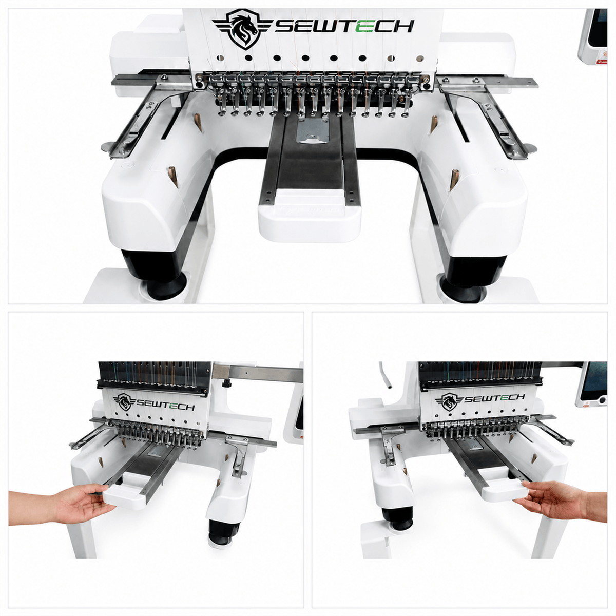 Front view and installation steps for a Hoopsteady support platform on a Sew Tech embroidery machine.