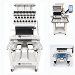 Hoopsteady support platform demonstrated on Sew Tech embroidery machines from several angles.