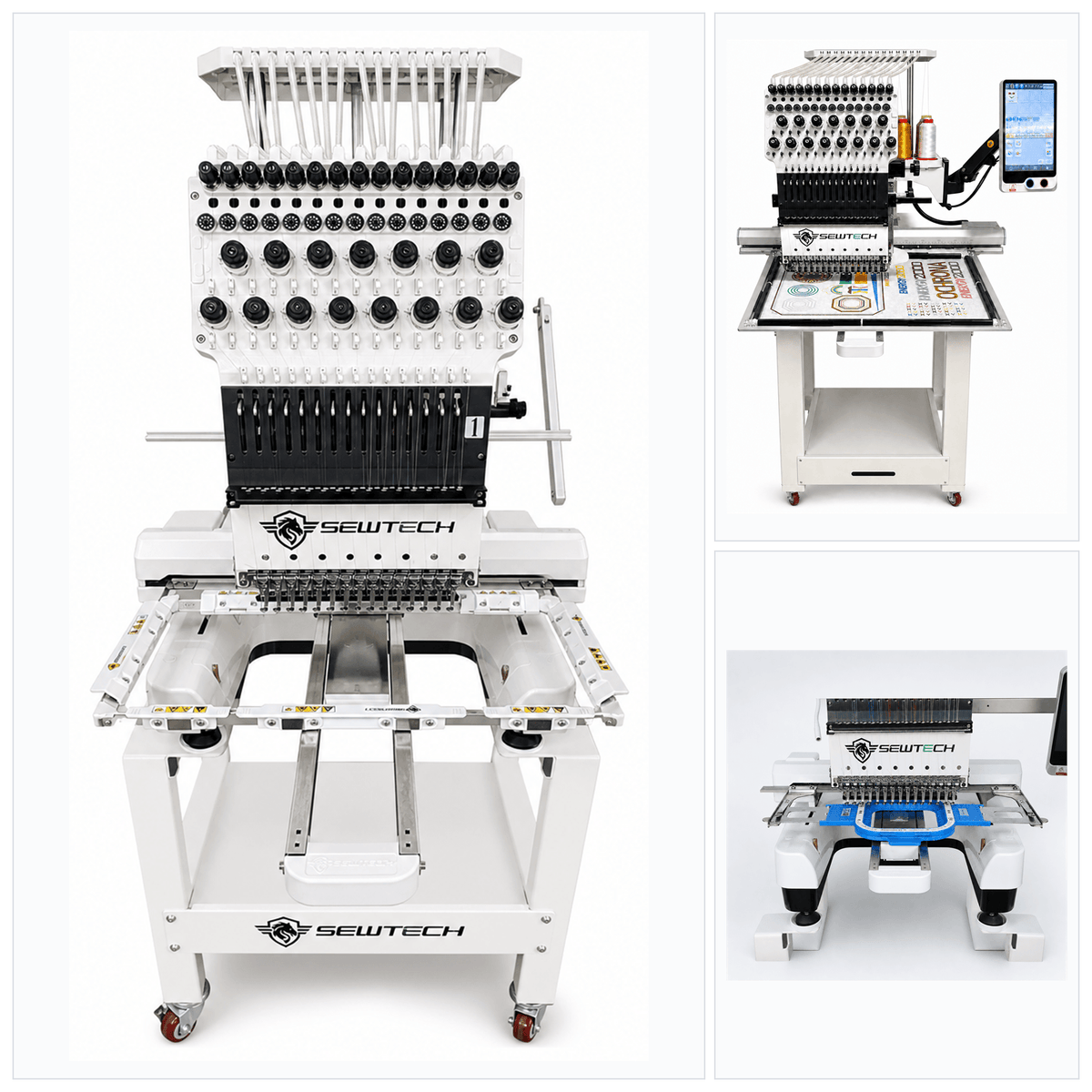 Hoopsteady support platform demonstrated on Sew Tech embroidery machines from several angles.
