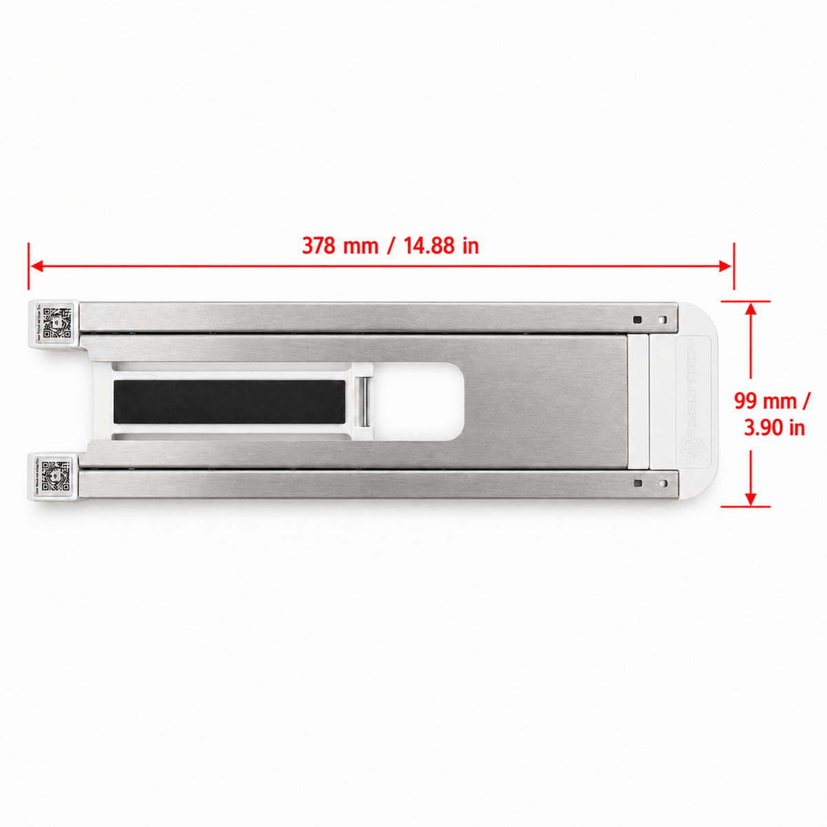 Top view of the Hoopsteady support platform with its 378 mm length and 99 mm width marked.